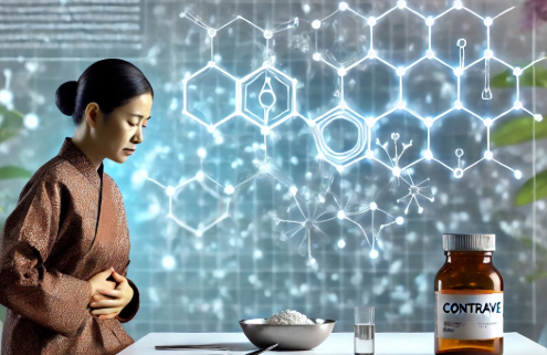 Do Contrave Side Effects Ever Go Away? A woman sits at a table clutching her stomach, seemingly experiencing discomfort. In front of her is a bottle labeled "Contrave," a glass of water, and a bowl of food, suggesting medication-related digestive issues.
