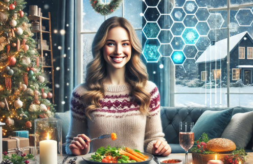 An image of an overweight woman holding a plate of healthy food during a holiday celebration due to Zepbound