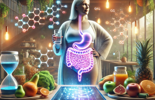 Zepbound and Gut Health: A futuristic digital illustration of an overweight woman in her 50s holding a glass of water while observing a glowing holographic digestive system. The scene emphasizes gut health and weight management, with fresh fruits, vegetables, and healthy foods displayed in the foreground.
