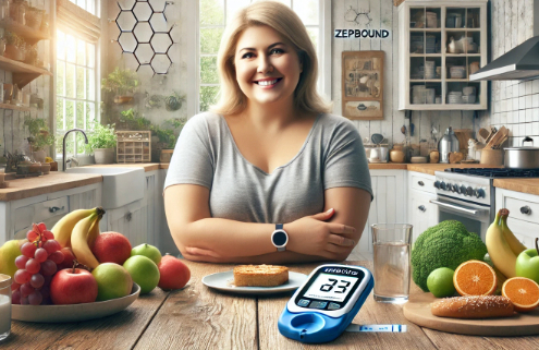 Starting Zepbound: A realistic and inviting digital illustration of an overweight middle-aged woman in a cozy, well-lit kitchen. She smiles warmly while holding a glass of water, surrounded by fresh fruits, vegetables, and a glucose meter on the counter, symbolizing health and diabetes management.
