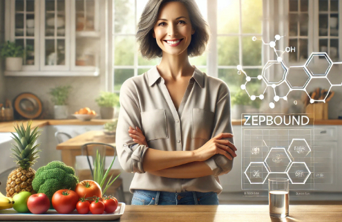 Zepbound for weight loss: A realistic and inviting digital illustration of a confident middle-aged woman standing in a bright, modern kitchen. She smiles warmly with a relaxed posture, surrounded by fresh fruits, vegetables, and a glass of water on the counter, symbolizing a health-conscious lifestyle.