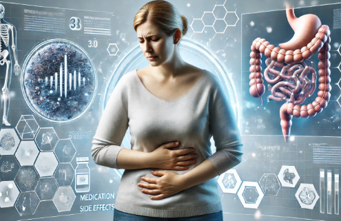 Zepbound side effects can include gastrointestinal discomfort, as depicted in this image of an overweight woman in her mid-50s holding her stomach in pain.