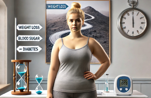 Is Zepbound the same as Mounjaro? This image visually represents the distinction between weight loss and diabetes medications, featuring a heavier woman in a gray tank top standing in a modern room. A directional signpost points to options for weight loss and blood sugar control. A glucose monitor sits on a table, while a framed picture of a winding road symbolizes a weight loss journey. Hourglasses and a clock emphasize the passage of time.