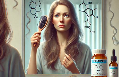 Does Mounjaro cause hair loss? A concerned woman with long hair looks at strands caught in her brush while standing in front of a mirror. Her worried expression reflects uncertainty. A Mounjaro prescription bottle sits on the counter.