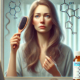 Does Mounjaro cause hair loss? A concerned woman with long hair looks at strands caught in her brush while standing in front of a mirror. Her worried expression reflects uncertainty. A Mounjaro prescription bottle sits on the counter.