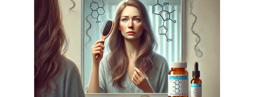 Does Mounjaro cause hair loss? A concerned woman with long hair looks at strands caught in her brush while standing in front of a mirror. Her worried expression reflects uncertainty. A Mounjaro prescription bottle sits on the counter.
