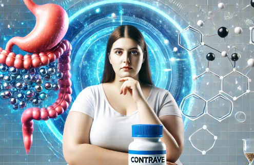 How long does Contrave stay in your system? A woman sits thoughtfully with a Contrave bottle in front of her, surrounded by futuristic digital visuals of the digestive system and molecular structures. A glowing representation of the stomach and intestines highlights the drug’s metabolic effects, while scientific elements in the background emphasize its pharmacological properties.