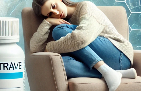 Contrave side effects—A young woman curled up in a chair appears fatigued or unwell, possibly experiencing side effects of Contrave, a prescription weight-loss medication. A bottle of Contrave is prominently displayed in the foreground, while a futuristic, science-themed background suggests the drug’s pharmaceutical nature.