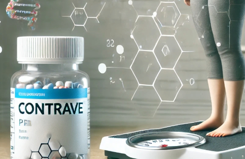 Deciding if Contrave is right for you? This image features a person standing on a scale, symbolizing a weight-loss journey, with a bottle of Contrave in the foreground. The futuristic, science-inspired background with molecular structures and DNA strands emphasizes the medication’s role in weight management and appetite control.