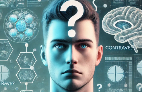 Contrave questions arise in this futuristic digital illustration featuring a split-image of a man's face with a large question mark overlaying the center. The background includes scientific diagrams, a stylized brain, molecular structures, and the word "Contrave?" appearing in multiple locations, suggesting inquiries about the weight loss medication's effects on the brain and body.