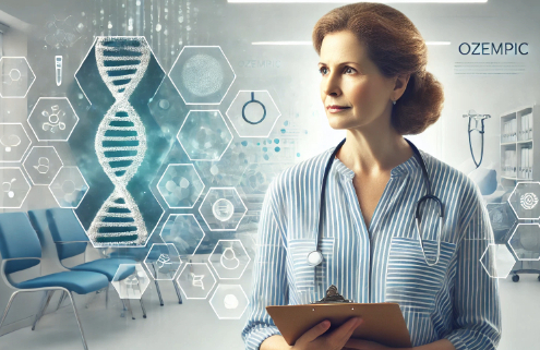Does Ozempic align with your weight loss journey? This image features a thoughtful, woman standing in a clinical setting, holding a clipboard or medical brochure. Medical and scientific symbols, such as DNA strands and a stethoscope, subtly blend into the background, reinforcing the theme of professional healthcare guidance.
