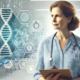 Does Ozempic align with your weight loss journey? This image features a thoughtful, woman standing in a clinical setting, holding a clipboard or medical brochure. Medical and scientific symbols, such as DNA strands and a stethoscope, subtly blend into the background, reinforcing the theme of professional healthcare guidance.