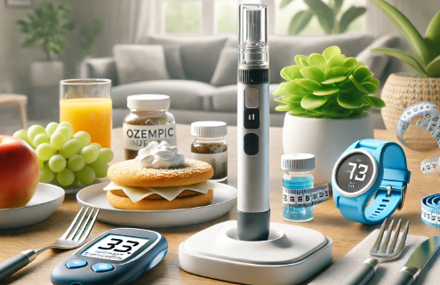 Ozempic uses for type 2 diabetes and weight loss are highlighted in this widescreen image featuring an Ozempic injectable pen on a table, surrounded by a glucose meter, a healthy meal, and a fitness tracker, symbolizing a balanced approach to diabetes management and weight loss.