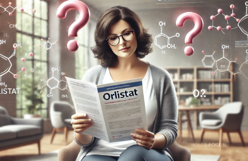 Questions about Orlistat arise as a woman with glasses and shoulder-length dark hair reads a pamphlet titled "Orlistat" in a cozy living room. Surrounding her are floating molecular diagrams and pink question marks, symbolizing curiosity and scientific inquiry about the weight loss drug.