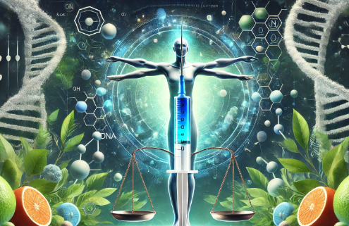 Should I try Ozempic for weight loss? A futuristic image featuring a syringe with glowing liquid, a human figure holding scales, and scientific elements like DNA strands and molecular structures, symbolizing the balance between health and medication.