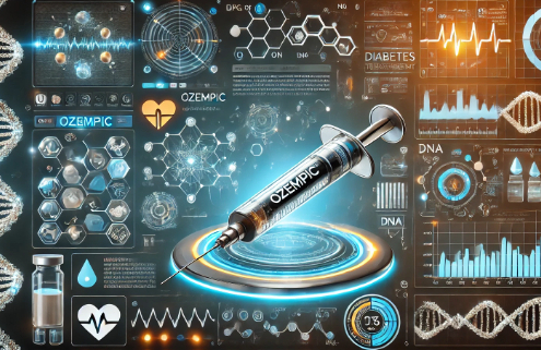 What is Ozempic? A futuristic syringe labeled "Ozempic" is surrounded by glowing scientific elements, including DNA strands, molecular structures, and medical diagrams, highlighting its role in weight management and diabetes treatment.