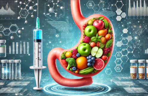 Ozempic Diet 2025 illustrated with a futuristic medical design, featuring a stomach filled with fresh fruits and vegetables, a syringe, and scientific elements like molecular structures and health data, symbolizing gut health and weight management.