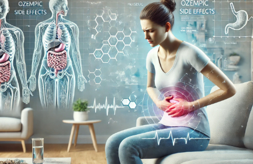 Ozempic side effects in females depicted with a woman clutching her stomach in discomfort, surrounded by medical visuals like digestive system diagrams and health monitors, illustrating common side effects.