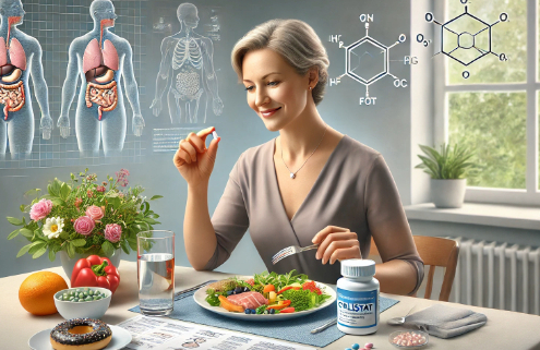 Is Orlistat the Right Weight Loss Aid for You? A smiling woman with short blonde hair sits at a dining table, preparing to take an Orlistat pill with a healthy meal in front of her. A bottle of Orlistat and scattered pills rest on the table, while scientific diagrams and anatomical illustrations of the digestive system float in the background, emphasizing the drug’s effects on fat absorption.