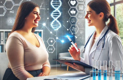 Ozempic vs. Wegovy & Saxenda: A doctor consults with a smiling patient in a modern medical office, holding a clipboard while discussing treatment options. An injectable drug pen and medical elements like molecular structures enhance the scene.