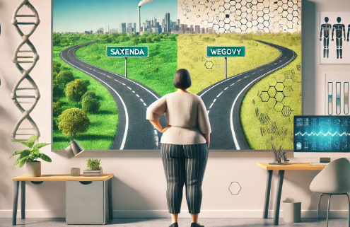 Switching from Saxenda to Wegovy: A slightly overweight woman stands thoughtfully in front of a screen displaying two diverging roads labeled Saxenda and Wegovy, with subtle medical and scientific elements in the background.