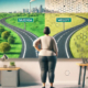 Switching from Saxenda to Wegovy: A slightly overweight woman stands thoughtfully in front of a screen displaying two diverging roads labeled Saxenda and Wegovy, with subtle medical and scientific elements in the background.