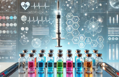 Ozempic vs Wegovy vs Mounjaro vs Zepbound: A futuristic medical scene featuring colorful vials on a tray, a glowing syringe, and a digital interface displaying molecular structures, heart symbols, and medical data in a high-tech laboratory setting.