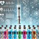 Ozempic vs Wegovy vs Mounjaro vs Zepbound: A futuristic medical scene featuring colorful vials on a tray, a glowing syringe, and a digital interface displaying molecular structures, heart symbols, and medical data in a high-tech laboratory setting.