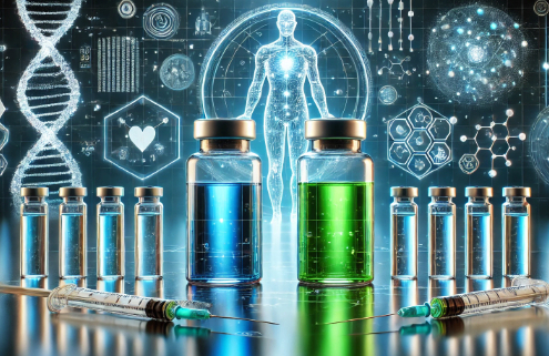 Mounjaro vs. Ozempic: A futuristic medical illustration featuring two large vials of blue and green liquid, surrounded by syringes on a reflective surface, with a digital human figure, DNA strands, and medical symbols in the background.