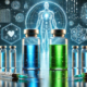 Mounjaro vs. Ozempic: A futuristic medical illustration featuring two large vials of blue and green liquid, surrounded by syringes on a reflective surface, with a digital human figure, DNA strands, and medical symbols in the background.