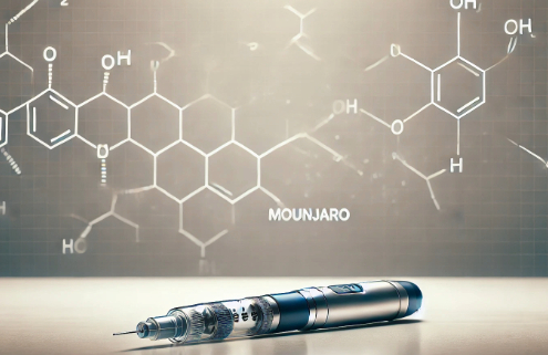 Mounjaro Tirzepatide side effects – A Mounjaro injection pen lies on a reflective surface, with a chemical structure diagram in the background, symbolizing its scientific formulation and effects.