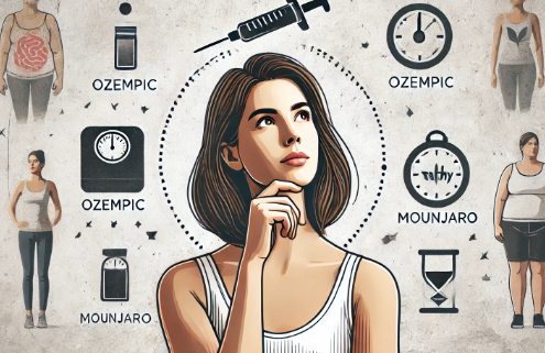 Mounjaro vs Ozempic: A thoughtful woman gazes upward with a hand on her chin, surrounded by simple icons representing weight loss treatments, including an injection, a scale, and health-related symbols, against a neutral background.