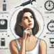 Mounjaro vs Ozempic: A thoughtful woman gazes upward with a hand on her chin, surrounded by simple icons representing weight loss treatments, including an injection, a scale, and health-related symbols, against a neutral background.