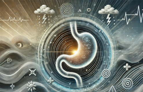 Mounjaro side effects – A stylized stomach with swirling patterns symbolizes nausea and discomfort, with subtle medical icons enhancing the theme.