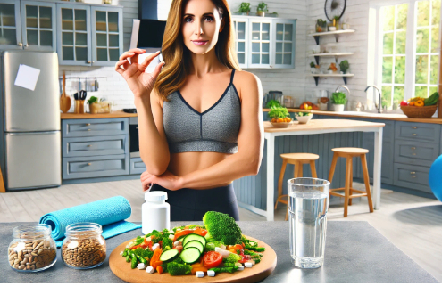 Phentermine quiz: A confident, slightly heavy middle-aged woman holds a diet pill and a glass of water, symbolizing a balanced weight loss approach. In the background, a plate of whole foods, an exercise mat, and dumbbells highlight the importance of nutrition and fitness.