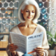 Should you choose Orlistat for weight loss? A silver-haired woman reads an Orlistat pamphlet in a bright living room, with its chemical structure floating around her, symbolizing informed decision-making.