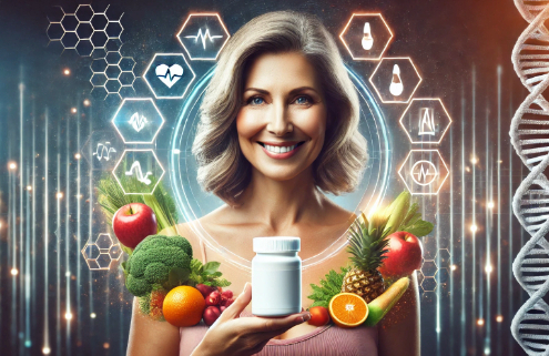 Is phentermine a good fit for my weight loss plan? A confident, middle-aged woman with a warm smile holds a white pill bottle, surrounded by fresh fruits, vegetables, and futuristic health icons, symbolizing balanced weight management.