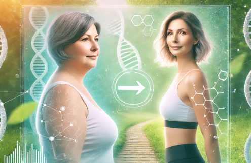 How does phentermine fit into your weight loss strategy? A transformation concept showing a slightly heavy middle-aged woman walking on a park path, with her slimmer, confident future self on the right. DNA strands and health symbols highlight a scientific approach to weight loss.