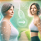 How does phentermine fit into your weight loss strategy? A transformation concept showing a slightly heavy middle-aged woman walking on a park path, with her slimmer, confident future self on the right. DNA strands and health symbols highlight a scientific approach to weight loss.