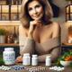 Phentermine alternatives: A confident, slightly overweight middle-aged woman sits in a cozy kitchen, surrounded by weight loss supplements, fresh fruits, and vegetables, symbolizing a balanced approach to health and wellness.