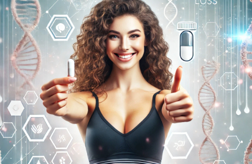 Phentermine results: A happy, fit woman with curly hair gives a double thumbs-up while holding a weight loss pill. The background features DNA strands, molecular structures, and glowing health icons, symbolizing a scientific approach to weight loss.