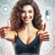 Phentermine results: A happy, fit woman with curly hair gives a double thumbs-up while holding a weight loss pill. The background features DNA strands, molecular structures, and glowing health icons, symbolizing a scientific approach to weight loss.