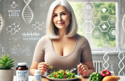 Phentermine side effects and safety tips: A confident, middle-aged overweight woman enjoys a healthy meal at a bright, inviting table with weight loss supplements nearby. Subtle medical elements in the background symbolize a scientific approach to weight management.