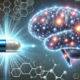 Phentermine side effects in females: A futuristic digital illustration of a glowing neural brain network interacting with a weight loss pill, symbolizing cognitive effects and neurological responses. Molecular structures highlight the scientific aspects of the medication.