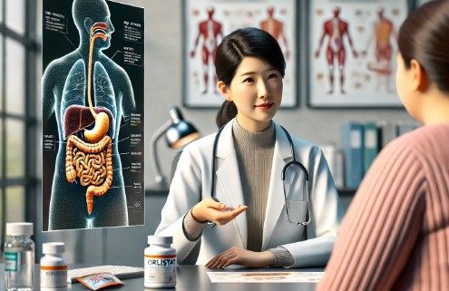 Orlistat Side Effects and Safety: A doctor discusses Orlistat with a patient, with a digestive system diagram and medication bottles highlighting the consultation.