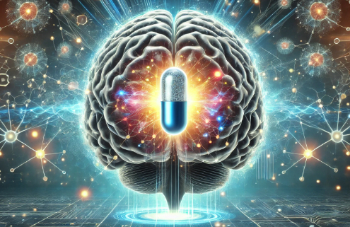 Phentermine diet pills for weight loss 2025? A futuristic digital illustration of a glowing human brain with neural pathways, highlighting cognitive effects. A large medicine capsule hovers at the center, symbolizing its neurological influence on weight management.