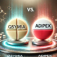 Qsymia vs. Adipex – A side-by-side comparison of two weight loss pills, each placed on a glowing platform. The beige Qsymia pill emits a cool blue aura, while the red and white Adipex pill radiates a warm red glow. Scientific molecular structures float in the background, enhancing the medical theme.