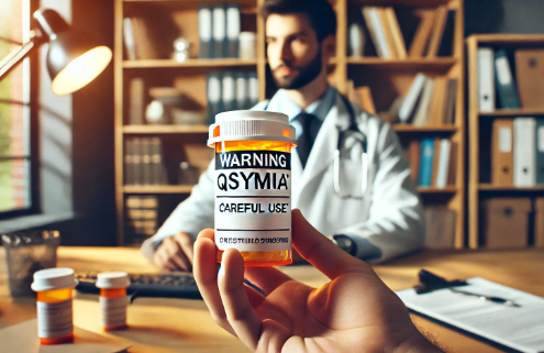 Qsymia controlled substance – A hand holds a prescription bottle labeled "WARNING QSYMIA CAREFUL USE" in a doctor's office.