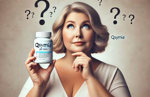 Is Qsymia the Weight Loss Medication That Matches Your Needs? – An overweight but attractive woman in her mid-50s holds a Qsymia pill bottle while gazing at it with a curious expression. Floating question marks above her head emphasize her uncertainty.