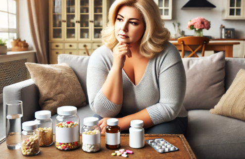 Qsymia vs Phentermine – An overweight but attractive woman in her mid-50s sits on a cozy couch, thoughtfully examining various pill bottles on a table in front of her.